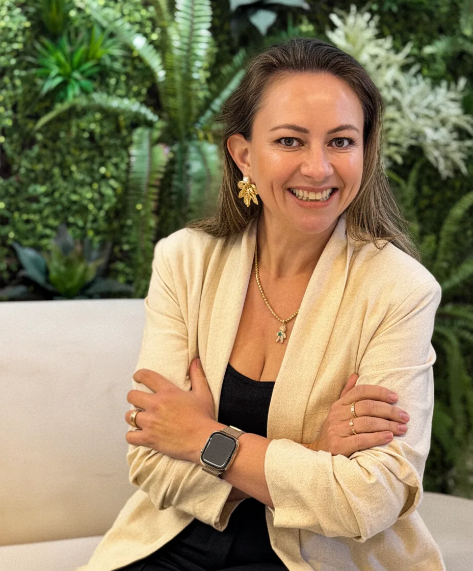 Ale Herbst, corretora de imóveis, em ambiente com parede verde